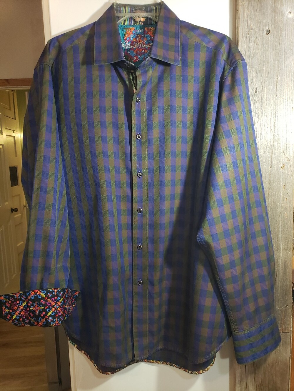 Robert Graham Designer Button Down Shirt Long Sleeve Purple Green Checker XL